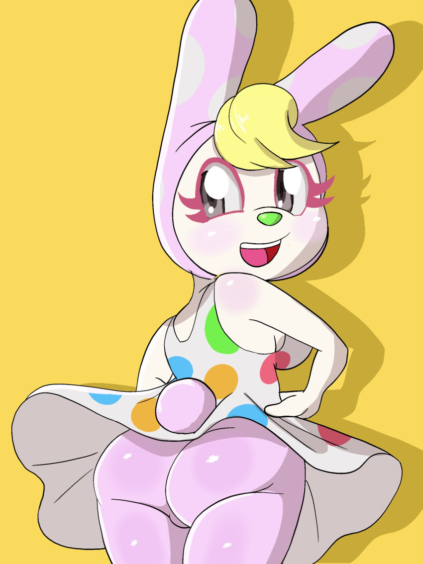 animal_crossing anthro blonde_hair butt chrissy_(animal_crossing) clothing dress female hair hi_res lagomorph leporid looking_back mammal nintendo nojimmyplz open_mouth open_smile polka_dot_dress polka_dots rabbit rear_view smile solo upskirt