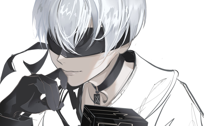 1boy absurdres bishounen black_blindfold black_box black_gloves blindfold close_up gloves highres male_focus nier:automata nier_(series) short_hair sketch solo unfinished user_nwkw7427 white_background yorha_no._9_type_s