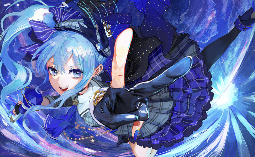 1girl :d absurdres ascot beret black_gloves black_thighhighs blue_ascot blue_eyes blue_hair blue_nails crown foreshortening gloves hair_between_eyes hat highres hololive hoshimachi_suisei long_hair looking_at_viewer microphone mini_crown nail_polish nakauma open_mouth partially_fingerless_gloves side_ponytail single_thighhigh smile solo star_(symbol) star_in_eye symbol_in_eye thighhighs v virtual_youtuber