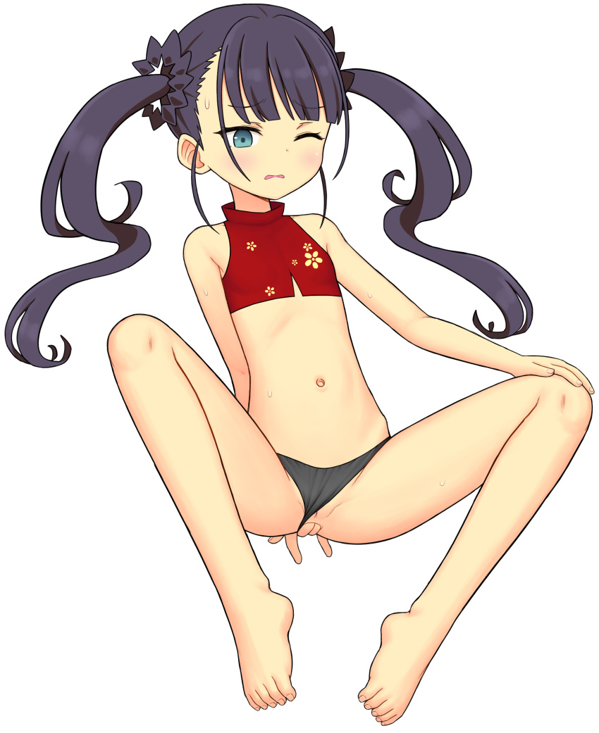 1girl absurdres ami_(ammy33) anal_fingering bare_arms bare_legs bare_shoulders barefoot black_hair black_panties blue_eyes clothing_aside crop_top female_masturbation fingering full_body highres long_hair masturbation midriff monk_(sekaiju) monk_2_(sekaiju) navel panties panties_aside pussy pussy_peek sekaiju_no_meikyuu sekaiju_no_meikyuu_3 simple_background solo spread_legs twintails underwear white_background