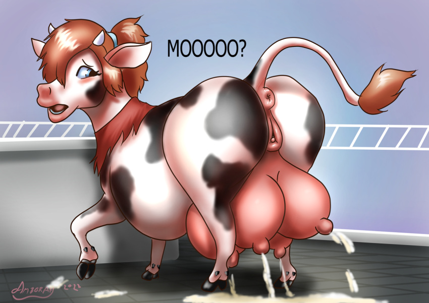 after_transformation amborah anus big_udders bodily_fluids bovid bovine cattle clothing female feral genitals hooves horn lactating looking_back mammal puffy_anus pussy solo tail tail_tuft teats torn_clothing tuft udders