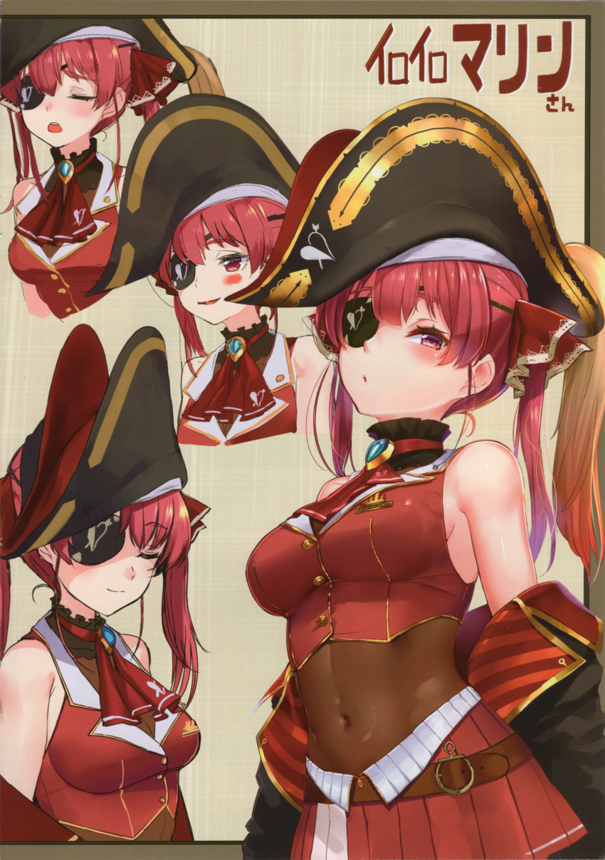 1girl absurdres akasaai ascot bangs bare_shoulders belt blush breasts buttons closed_eyes coat covered_navel detached_collar eyepatch gold_trim hair_ornament hat highres hololive houshou_marine loincloth long_hair looking_at_viewer medium_breasts multiple_views off_shoulder open_mouth pirate_hat red_eyes red_hair scan simple_background skirt sleeveless twintails upper_body virtual_youtuber