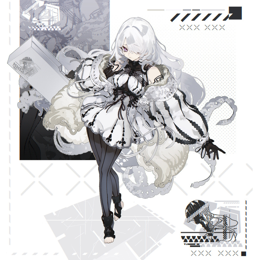 1girl absurdres bare_shoulders barefoot creature_and_personification from_above full_body halterneck highres jellyfish long_hair looking_up original outstretched_arms pale_skin personification shiba_(s_hi_ba_) solo suitcase tentacles tsurime white_hair