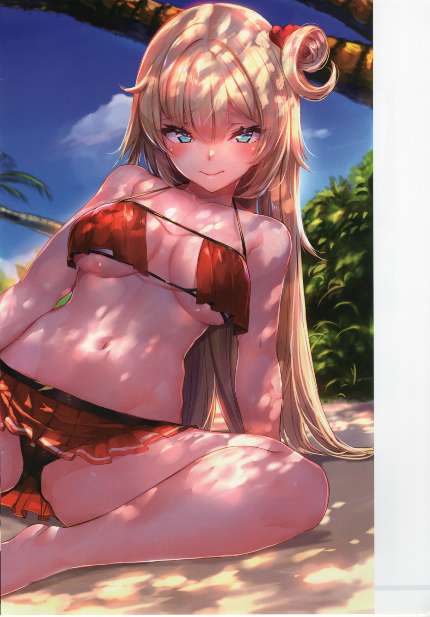 1girl absurdres akai_haato akasaai arm_support bangs bare_shoulders barefoot bikini bikini_skirt blonde_hair blue_hair blue_sky blush breasts closed_mouth collarbone day hair_ornament highres hololive long_hair looking_at_viewer medium_breasts navel outdoors palm_tree red_bikini scan simple_background sitting skirt sky smile solo stomach swimsuit thighs tree