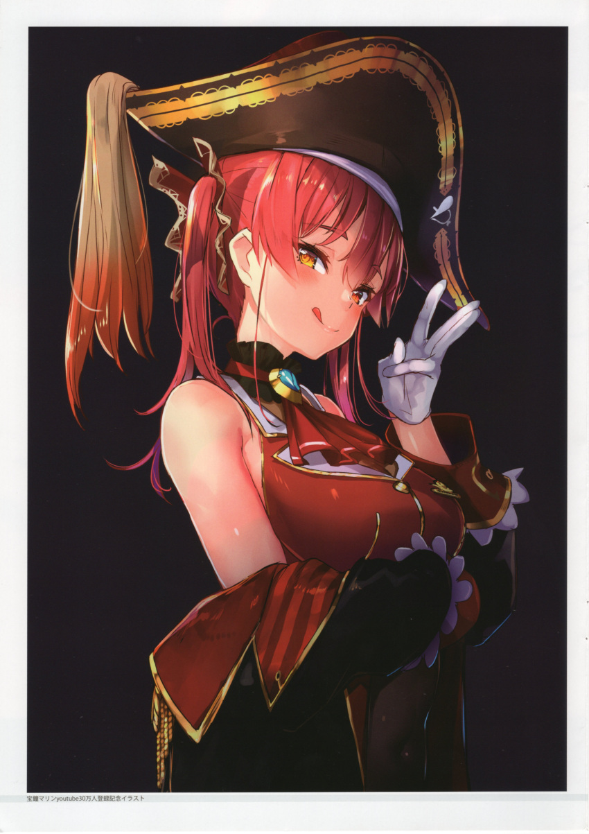 1girl absurdres akasaai ascot bangs bare_shoulders blush breasts buttons coat covered_navel detached_sleeves hair_ornament hand_up highres hololive houshou_marine loincloth long_hair looking_at_viewer medium_breasts off_shoulder red_eyes red_hair scan shiny_skin simple_background smile solo tongue tongue_out twintails upper_body virtual_youtuber yellow_eyes