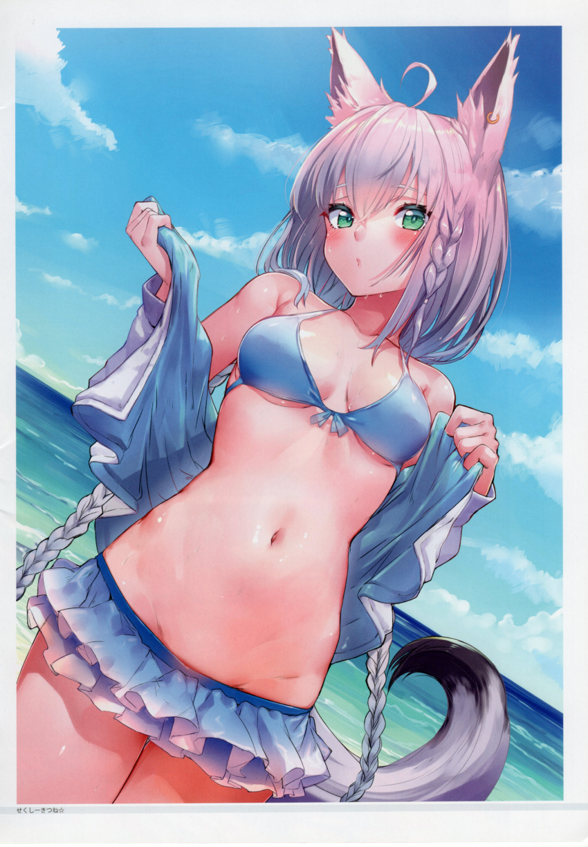 1girl absurdres ahoge akasaai animal_ear_fluff animal_ears bangs bare_shoulders bikini bikini_skirt blush braid breasts cleavage closed_mouth cloud cloudy_sky collarbone day earrings gradient_clothes green_eyes highres hololive jacket jewelry long_hair looking_at_viewer medium_breasts ocean off_shoulder open_clothes open_jacket outdoors pink_hair scan shiny_skin shirakami_fubuki simple_background skirt sky solo swimsuit tail twintails virtual_youtuber water