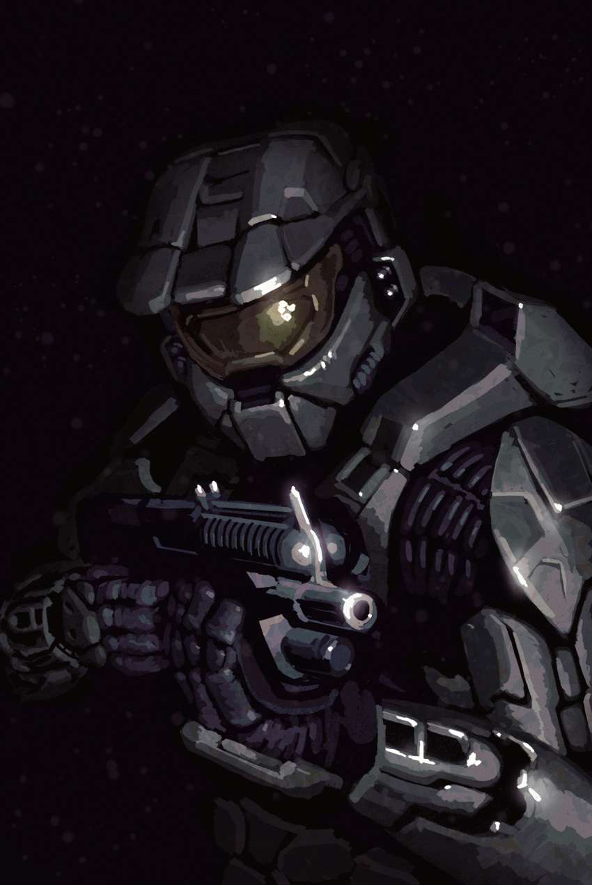 1boy absurdres black_background english_commentary gun halo_(series) halo_3 highres holding holding_gun holding_weapon jj_rabbid looking_ahead m90 male_focus master_chief power_armor shotgun solo spot_color upper_body weapon
