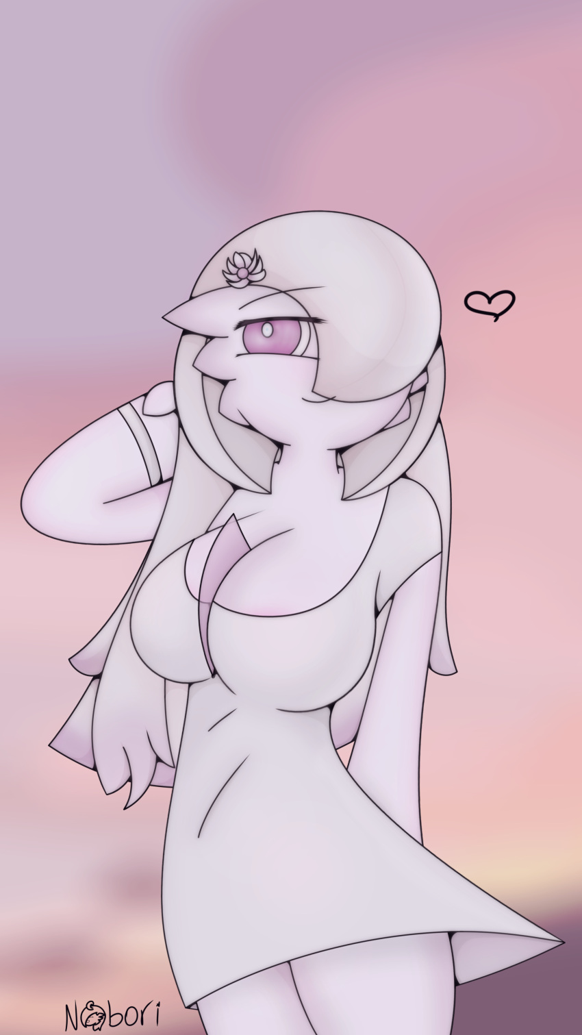 &lt;3 2022 3_fingers absurd_res accessory big_breasts breasts cleavage clothed clothing female fingers flower flower_in_hair gardevoir generation_3_pokemon hair hair_accessory hair_over_eye hand_behind_head hi_res humanoid long_hair nintendo nobori not_furry nude_female one_eye_obstructed pink_eyes plant pokemon pokemon_(species) signature smile smiling_at_viewer solo sunset white_hair