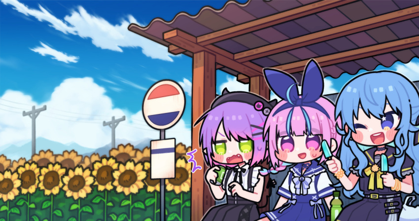 3girls :d ahoge bag beret black_headwear black_sailor_collar black_serafuku black_shirt black_skirt blue_hair blue_hairband blue_ribbon blue_sailor_collar blue_skirt blue_sky blush blush_stickers bottle bus_stop can chibi cloud cloudy_sky commentary_request day fake_horns field flower flower_field food frilled_sailor_collar frills green_eyes hair_ornament hair_ribbon hairband hairclip hat highres holding holding_can holding_food hololive horned_headwear horns hoshimachi_suisei minato_aqua multicolored_hair multiple_girls nekotaririn outdoors pink_hair plastic_bag pleated_skirt popsicle power_lines purple_eyes ribbon sailor_collar school_uniform serafuku shirt short_sleeves sitting skirt sky sleeveless sleeveless_shirt smile star_(symbol) star_in_eye streaked_hair sunflower suspender_skirt suspenders sweat symbol_in_eye tokoyami_towa utility_pole v-shaped_eyebrows virtual_youtuber wavy_mouth white_shirt x_hair_ornament yellow_flower