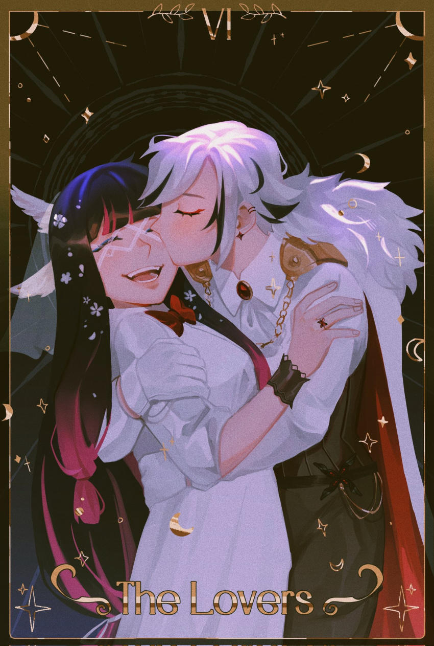 2girls arlecchino_(genshin_impact) black_hair closed_eyes collaboration columbina_(genshin_impact) commentary english_commentary english_text eye_mask genshin_impact highres kiss kissing_cheek long_hair mask multicolored_hair multiple_girls parted_lips pink_hair ppyuuingles tarot teeth the_lovers_(tarot) tongue white_hair xioviie yuri