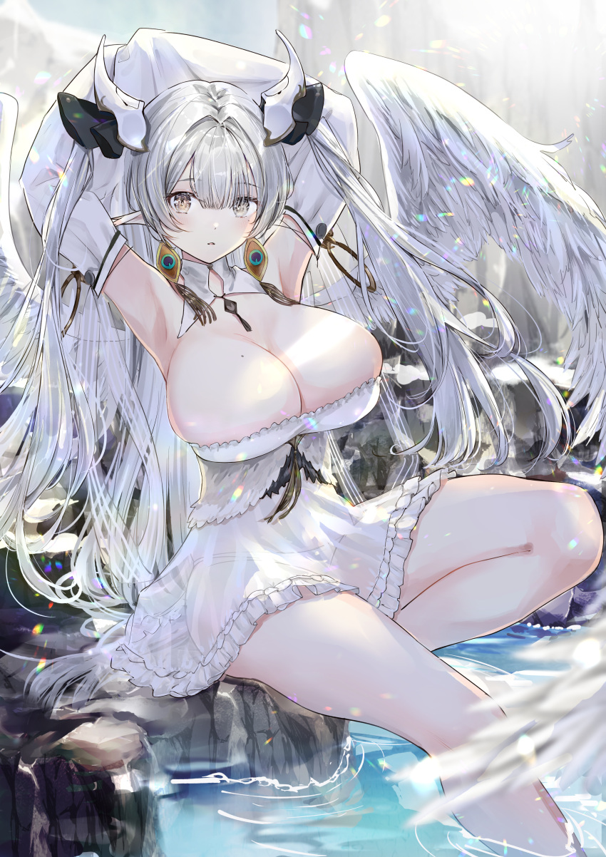 1girl absurdres akasaka_asa animal_ears armpits arms_up bangs bird_ears bird_girl breasts brown_eyes cleavage commentary detached_collar detached_sleeves dress earrings echocalypse feathered_wings feet_out_of_frame frilled_dress frills grey_eyes hair_between_eyes hair_ornament heterochromia highres huge_breasts jewelry light_blush long_hair looking_at_viewer mixed-language_commentary mole mole_on_breast mole_under_eye off-shoulder_dress off_shoulder panties parted_lips pointy_ears rock see-through see-through_dress sitting sleeves_past_fingers sleeves_past_wrists solo tassel tassel_earrings two_side_up underwear very_long_hair vivi_(echocalypse) water white_dress white_panties white_sleeves white_wings wings