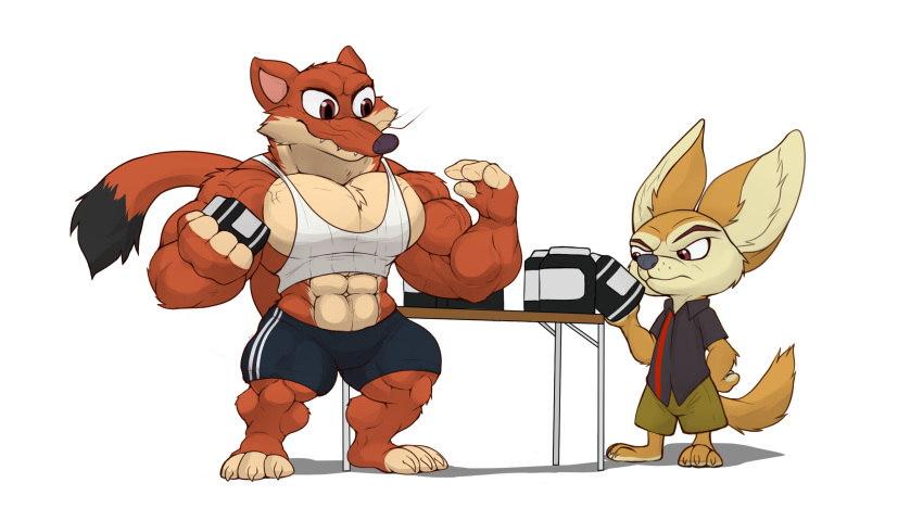 abs anthro biceps big_muscles canid canine clothing clothing_too_small disney duke_weaselton duo fennec finnick fox hi_res kheel male mammal muscular muscular_male mustelid musteline pecs shirt tank_top topwear true_musteline vein veiny_muscles weasel zootopia