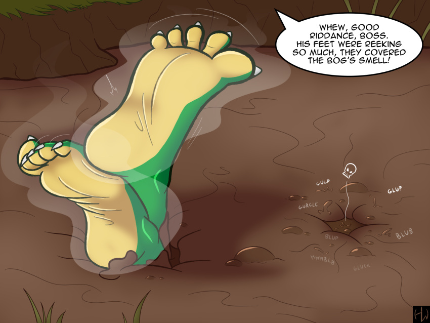 2022 5_toes anthro asphyxiation barefoot bubble claws crocodilian dialogue feet foot_fetish foot_focus grass green_body hardcorewolfdog hi_res humanoid_feet male mud nomadl3 plant plantigrade reptile scalie sebastian_(nomadl3) sinking smelly smelly_feet soles solo steam steamy_feet stench story story_in_description toe_claws toe_curl toes