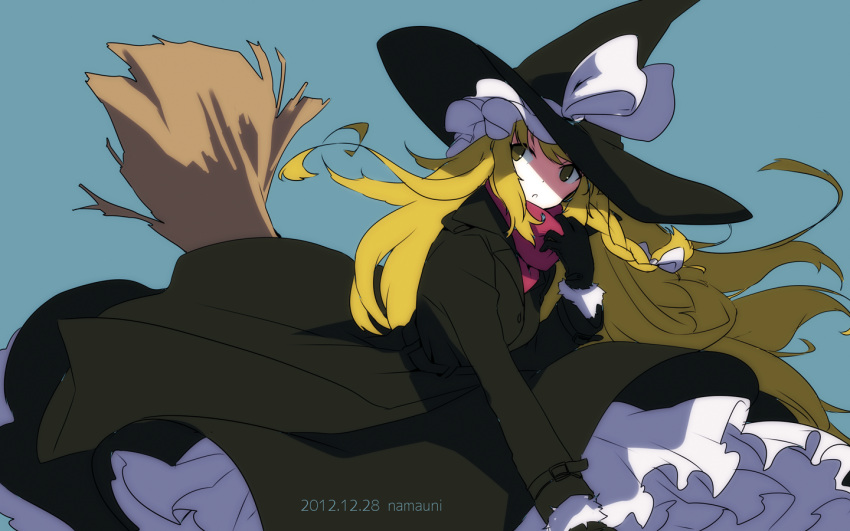 1girl aqua_background artist_name black_coat black_gloves black_headwear blonde_hair bow braid broom buttons coat dated dress gloves hat hat_bow kirisame_marisa long_hair long_sleeves namauni one-hour_drawing_challenge parted_lips red_scarf scarf simple_background single_braid solo touhou white_bow witch_hat yellow_eyes