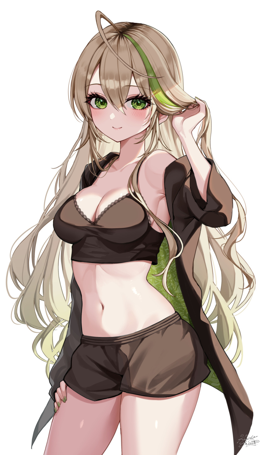 1girl absurdres ahoge armpits black_camisole black_shirt black_shorts blonde_hair blush breasts camisole cleavage closed_mouth commentary_request cowboy_shot crop_top green_eyes green_hair green_nails hair_between_eyes hand_in_own_hair hand_on_own_thigh hand_up highres kudou_(sikisiki0000) lace_trim long_hair looking_at_viewer medium_breasts multicolored_hair off_shoulder open_clothes open_shirt original shirt short_shorts shorts signature simple_background single_bare_shoulder smile solo stomach streaked_hair thighs two-tone_hair very_long_hair wavy_hair white_background