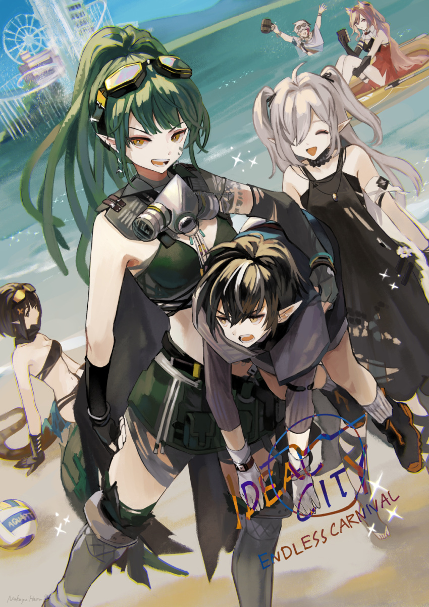 2boys 4girls :d arknights bangs bare_shoulders beer_mug bikini black_bikini black_choker black_dress black_gloves black_hair book boots breasts brown_eyes carrying carrying_person choker cleavage closed_eyes crocodilian_tail cup day dreadlocks dress earrings elbow_gloves elysium_(arknights) eunectes_(arknights) gas_mask gavial_(arknights) gloves goggles goggles_on_head green_hair green_skirt grey_footwear grey_hair hair_over_one_eye highres holding holding_book jewelry long_hair long_sleeves looking_at_viewer mask medium_breasts minimalist_(arknights) miniskirt mug multiple_boys multiple_girls navel necklace nukuyu_haru official_alternate_costume open_mouth outdoors pink_hair pointy_ears pozyomka_(arknights) raft reading short_hair sitting skirt smile snake_tail standing swimsuit tail thigh_boots tomimi_(arknights) torn_clothes torn_dress two_side_up v-shaped_eyebrows very_long_hair volleyball water white_gloves