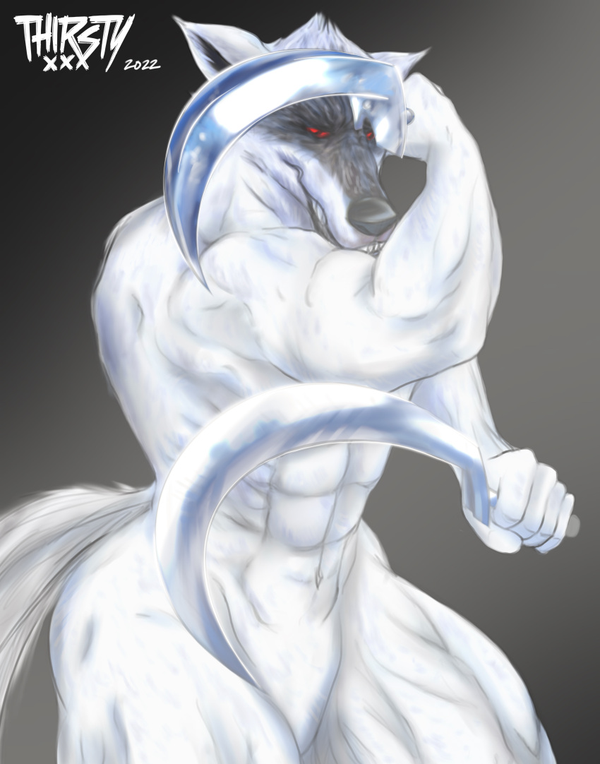 2022 abs absurd_res anthro back_muscles canid canine canis death_(puss_in_boots) dreamworks fur grey_body grey_fur hi_res male mammal muscular muscular_anthro muscular_arms muscular_male muscular_thighs nude puss_in_boots_(film) puss_in_boots_the_last_wish red_eyes sickle smile solo teeth thirstydraws weapon wolf