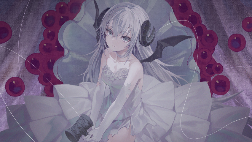 1girl bangs bat_wings black_eyes black_wings choker closed_mouth curled_horns dress elbow_gloves gloves hair_between_eyes highres holding holding_toy horns indie_virtual_youtuber kendama kiriyama2109 long_hair mada_asumosu solo strapless strapless_dress toy virtual_youtuber white_choker white_dress white_gloves white_hair wings