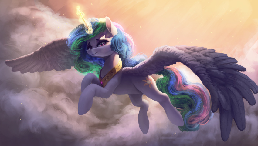 2019 blue_hair blue_tail cloud cloudscape cutie_mark digital_media_(artwork) equid equine feathered_wings feathers female feral friendship_is_magic glowing glowing_horn gold_(metal) gold_jewelry gold_necklace green_tail hair hasbro hi_res horn horse jewelry long_hair looking_at_viewer mammal my_little_pony necklace outside pink_hair pink_tail pony princess_celestia_(mlp) purple_eyes quadruped sky solo sun tail vanillaghosties white_body white_ears white_skin white_wings winged_unicorn wings