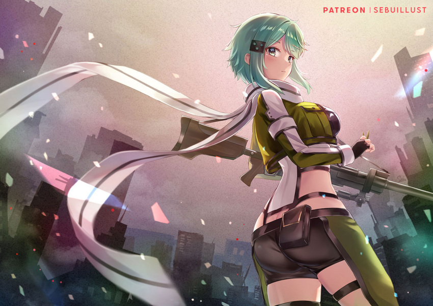 1girl alternate_breast_size anti-materiel_rifle aqua_eyes aqua_hair ass black_gloves black_shorts blurry blurry_background bolt_action breasts bullet cityscape closed_mouth fingerless_gloves from_behind gloves green_jacket green_pants gun hair_ornament hairclip holding holding_bullet holding_gun holding_weapon holster jacket large_breasts long_sleeves looking_at_viewer looking_back multicolored_clothes multicolored_jacket pants patreon_username pgm_hecate_ii revision rifle scarf sebu_illust short_hair short_shorts shorts sinon sniper_rifle solo sword_art_online thigh_strap two-tone_jacket weapon white_jacket white_scarf
