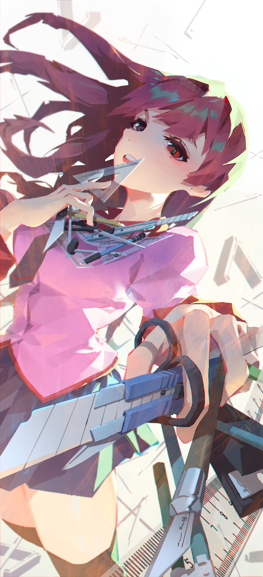 1girl absurdres alternate_eye_color backlighting bakemonogatari between_fingers black_thighhighs blue_necktie blue_skirt blurry blurry_background breasts collar collared_shirt commentary_request compass_(instrument) eyelashes feet_out_of_frame foreshortening grey_background hands_up highres holding juliet_sleeves leaning_back long_hair long_sleeves medium_breasts miniskirt monogatari_(series) naoetsu_high_school_uniform necktie nib_pen_(object) partial_commentary pen pink_shirt pleated_skirt puffy_sleeves purple_hair razor_blade red_collar red_eyes ruler school_uniform scissors senjougahara_hitagi shiny_clothes shirt skirt solo standing stapler teeth thighhighs thighs upper_teeth_only yy-_-yy_(yaoyaoyeye)