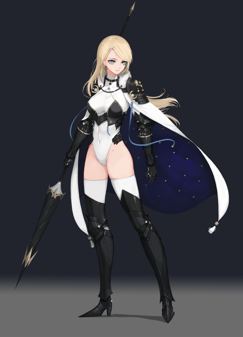 +_+ 1girl armor armored_boots blonde_hair blue_eyes boots breasts cape choker commentary_request covered_navel earrings full_body fur_collar gauntlets high_heels highleg highleg_leotard highres holding holding_weapon jewelry knight lance large_breasts leotard long_hair looking_to_the_side original parted_lips polearm revision rikui_(rella2930) shoulder_armor simple_background small_hands solo thigh_boots thighhighs weapon white_leotard