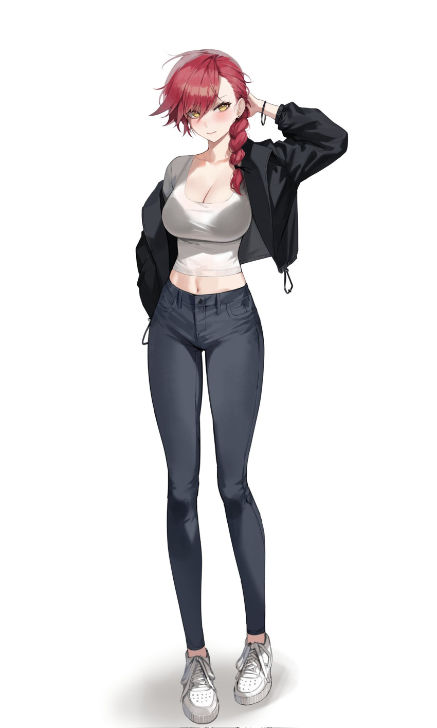 1girl arm_up bangs black_jacket black_pants blush braid braided_ponytail breasts cleavage closed_mouth crop_top denim earrings full_body hair_between_eyes hair_over_shoulder hand_on_own_head highres jacket jeans jewelry large_breasts long_hair looking_at_viewer maenoo midriff navel off_shoulder open_clothes open_jacket original pants red_hair shirt shoes simple_background single_braid sneakers solo standing stud_earrings swept_bangs tachi-e white_background white_footwear white_shirt wristband yellow_eyes
