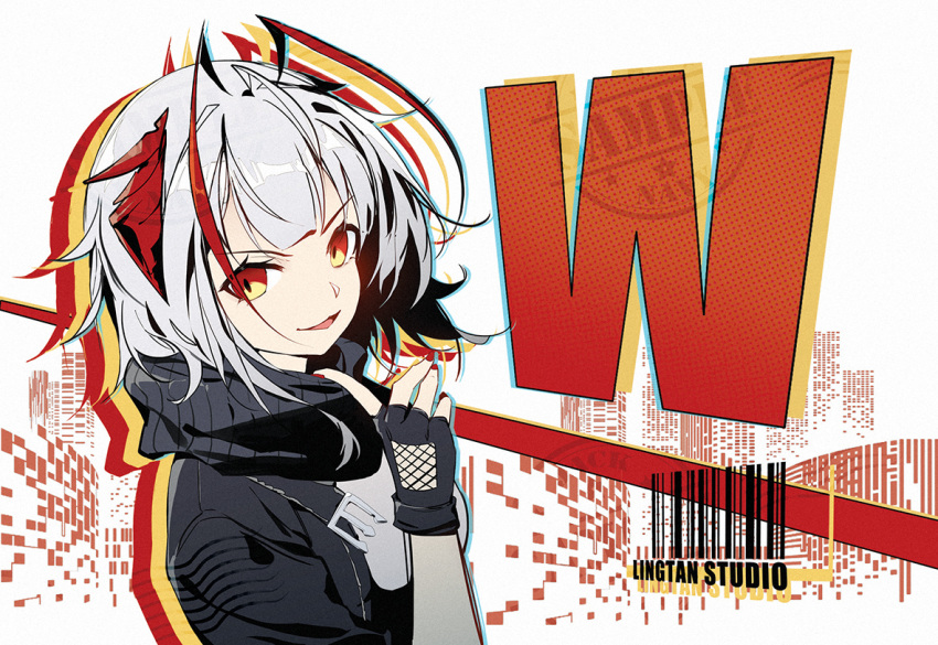 1girl :d antenna_hair arknights barcode black_gloves black_jacket black_scarf character_name fingerless_gloves gloves grey_hair grey_shirt horns index_finger_raised jacket jacknavy multicolored_hair nail_polish open_clothes open_jacket open_mouth red_eyes red_hair red_nails scarf shirt short_hair smile solo two-tone_hair upper_body v-shaped_eyebrows w_(arknights)