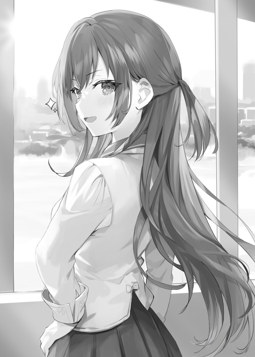 1girl absurdres back bangs blazer blush breasts building cityscape collared_jacket collared_shirt commentary_request crossed_bangs dress from_behind from_side greyscale hair_between_eyes hair_over_shoulder hands_on_hips head_tilt highres indoors jacket long_hair long_sleeves momoko_(momopoco) monochrome open_mouth pleated_dress pleated_sleeves school_uniform shirt sidelocks smile suou_yuki tokidoki_bosotto_roshia-go_de_dereru_tonari_no_arya-san very_long_hair window