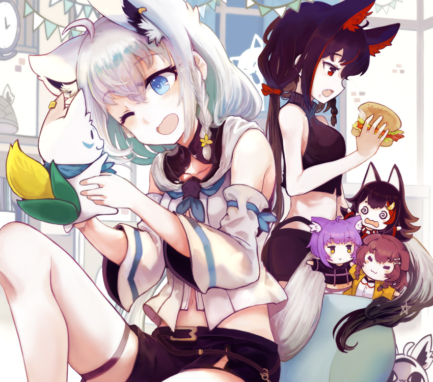 2girls animal_ear_fluff animal_ears bare_arms bare_shoulders black_hair black_shirt black_shorts blue_eyes braid burger character_doll character_request clock commentary_request crop_top curtains feet_out_of_frame food fox_ears fox_girl fox_tail hair_ribbon highres holding holding_food hololive indoors inugami_korone knee_up long_hair multicolored_hair multiple_girls nekomata_okayu one_eye_closed ookami_mio open_mouth oruyanke_(shirakami_fubuki) pennant pentagram red_eyes red_hair red_ribbon ribbon sasurai_susuki shirakami_fubuki shirt short_shorts shorts sleeveless sleeveless_shirt streaked_hair string_of_flags tail very_long_hair virtual_youtuber wall_clock window