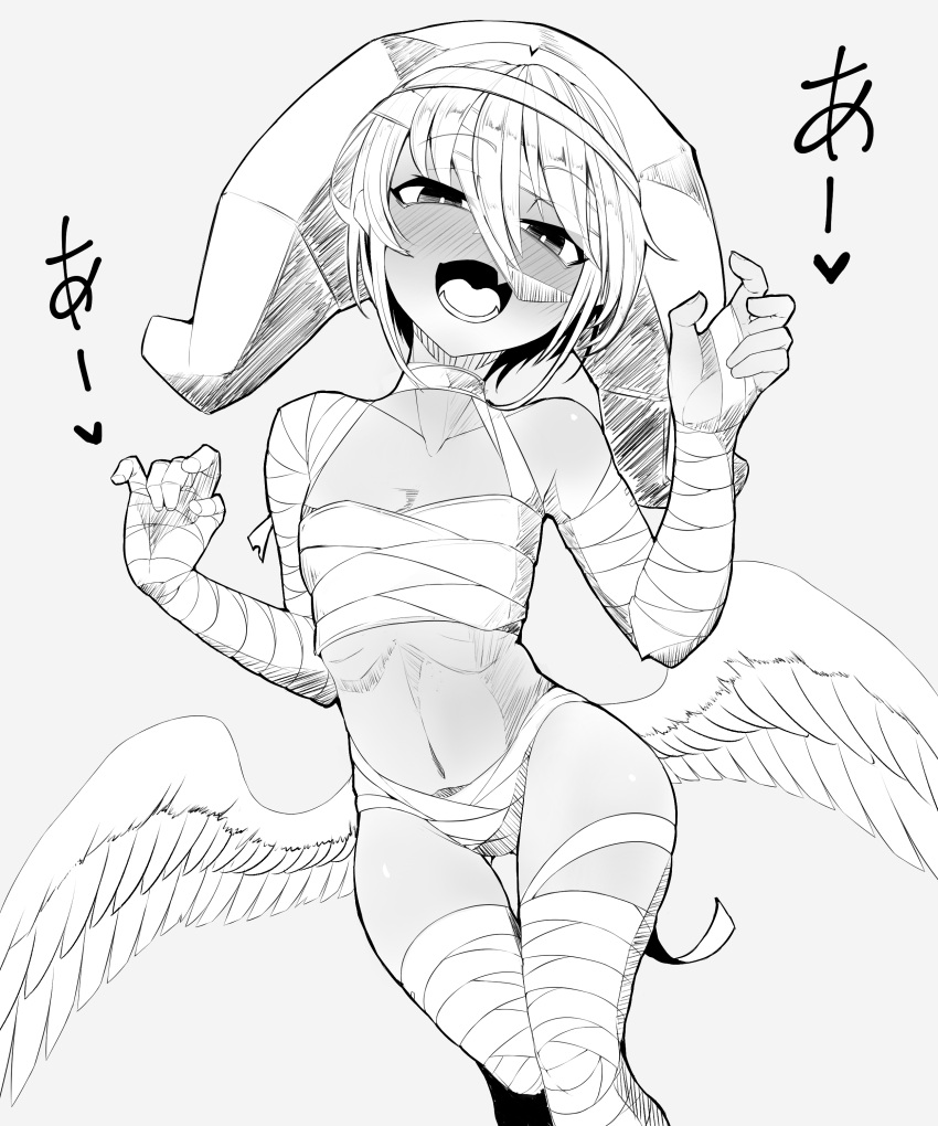 1boy absurdres androgynous angel_wings bandaged_arm bandaged_leg bandages blush doro9363 elona fangs feathered_wings halloween halloween_costume hat highres jester_cap kumiromi_of_harvest looking_at_viewer medium_hair monochrome mummy_costume naked_bandage navel open_mouth otoko_no_ko skin_fangs wings