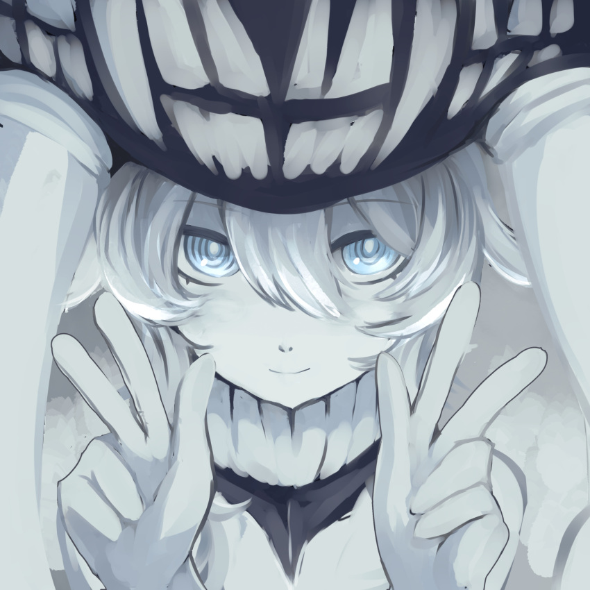 1girl abyssal_ship blue_eyes close_up colored_skin double_v glowing glowing_eyes hair_between_eyes hat headgear highres kantai_collection looking_at_viewer lsnsn smile solo teeth tentacles v white_skin wo-class_aircraft_carrier