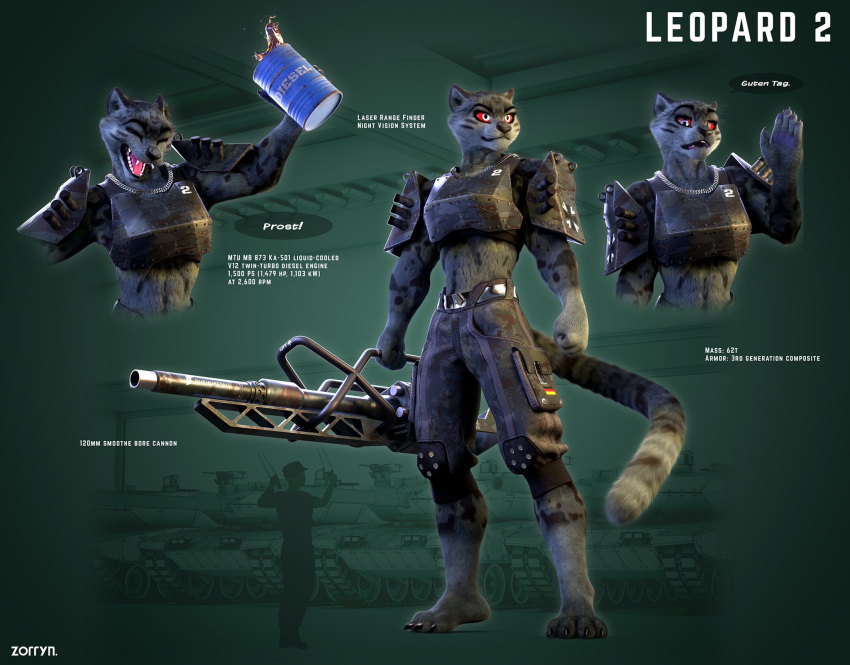 anthro armor artist_name barrel belt bottomwear breastplate camo camo_print clothed clothing cross english_text felid female full-length_portrait fur german german_flag gesture grey_body grey_fur hello_kitty_(character) hello_kitty_(series) hi_res iron_cross knee_pads leopard_2 mammal military open_mouth pantherine pants portrait ranged_weapon red_sclera sanrio shoulder_guards snow_leopard solo speech_bubble tagme tank teeth text toasting vehicle waving weapon zorryn