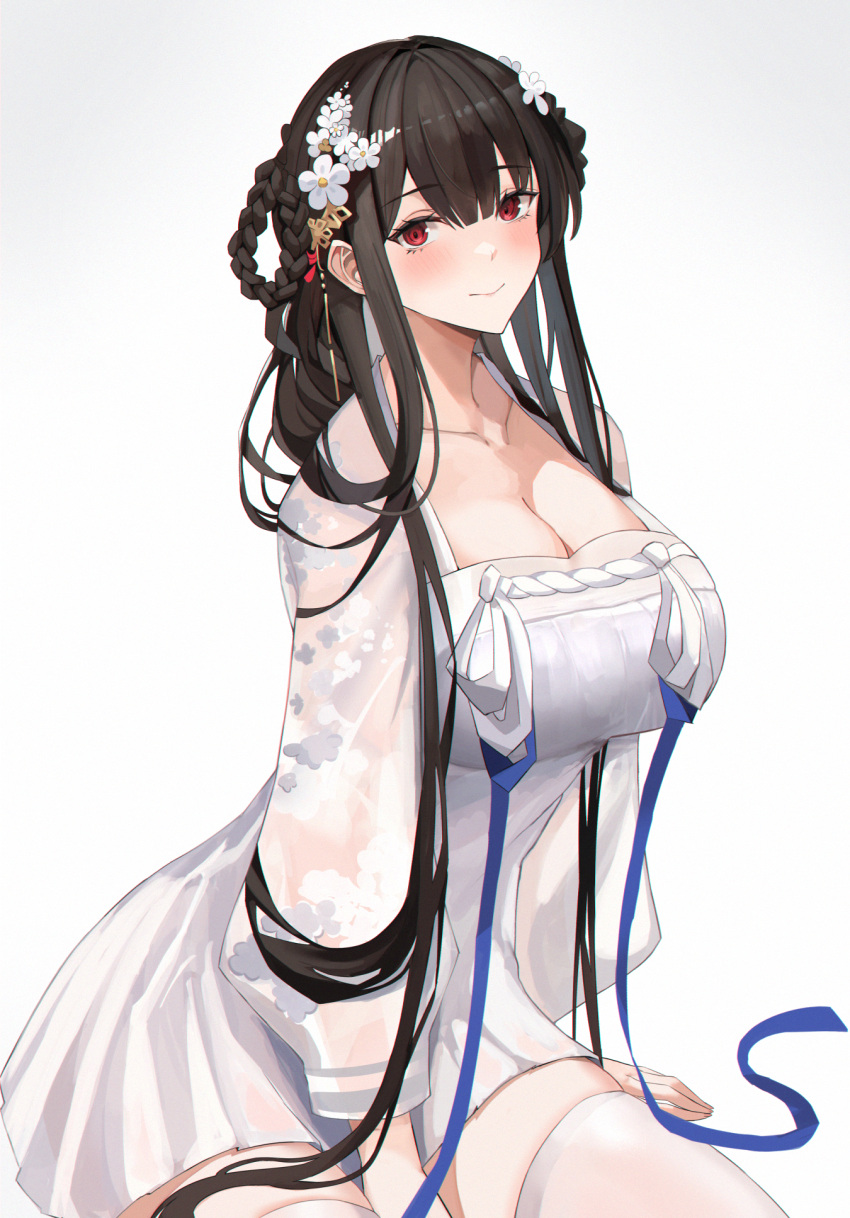 1girl azur_lane bangs between_legs bilei black_hair blush braid breasts chinese_clothes cleavage_cutout clothing_cutout flower hair_flower hair_ornament hand_between_legs hanfu highres large_breasts long_hair long_sleeves looking_at_viewer official_alternate_costume qixiong_ruqun red_eyes simple_background sitting solo thighhighs twin_braids very_long_hair white_thighhighs yat_sen_(azur_lane) yat_sen_(paragon_of_celestial_grace)_(azur_lane) zettai_ryouiki