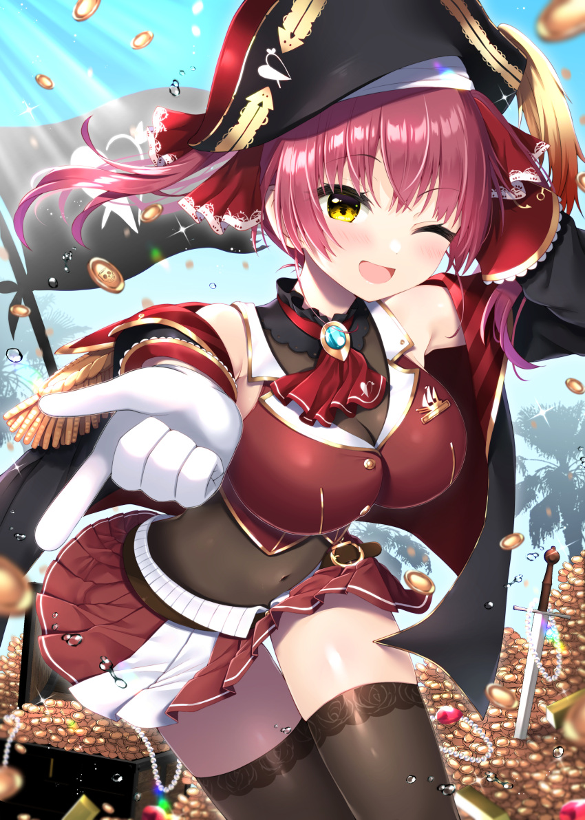 1girl ;d absurdres arm_behind_head arm_up arrow_(projectile) arrow_through_heart bicorne black_headwear black_jacket black_leotard black_thighhighs blue_sky blush breasts cleavage coin commentary_request covered_navel day epaulettes flag gem gloves hat heart highres hololive houshou_marine jacket jewelry leotard leotard_under_clothes long_hair looking_at_viewer medium_breasts necklace off_shoulder one_eye_closed open_clothes open_jacket outdoors outstretched_arm pearl_necklace planted planted_sword pleated_skirt purple_hair red_gemstone red_shirt red_skirt shirt skirt sky smile solo sword thighhighs twintails uchuuneko virtual_youtuber weapon white_gloves yellow_eyes