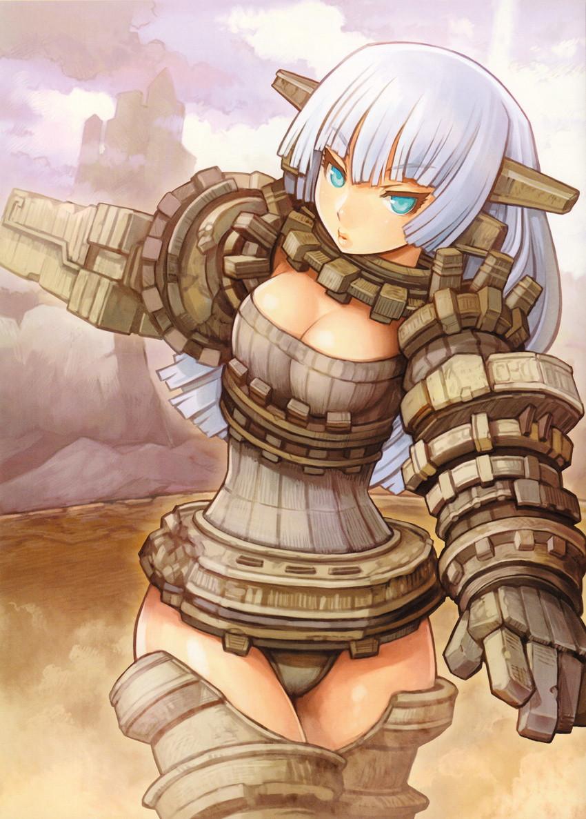 absurdres aqua_eyes bangs blunt_bangs breasts cleavage cloud colossus cowboy_shot day eyebrows_visible_through_hair gaius giantess highres large_breasts long_hair looking_at_viewer outdoors parted_lips personification shadow_of_the_colossus shigatake silver_hair solo thighs