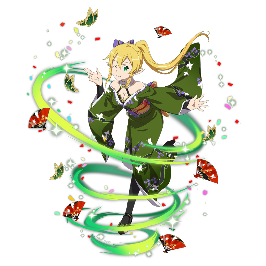 1girl ;) animal_print black_legwear blonde_hair bow braid breasts bug butterfly butterfly_print choker cleavage fan floating_hair floral_print full_body green_eyes green_kimono hair_between_eyes hair_bow high_ponytail highres insect japanese_clothes kimono leafa leg_up long_hair medium_breasts obi off_shoulder official_art one_eye_closed outstretched_arm pointy_ears ponytail print_kimono purple_bow sash shiny shiny_hair smile solo striped striped_bow sword_art_online transparent_background twin_braids very_long_hair yukata