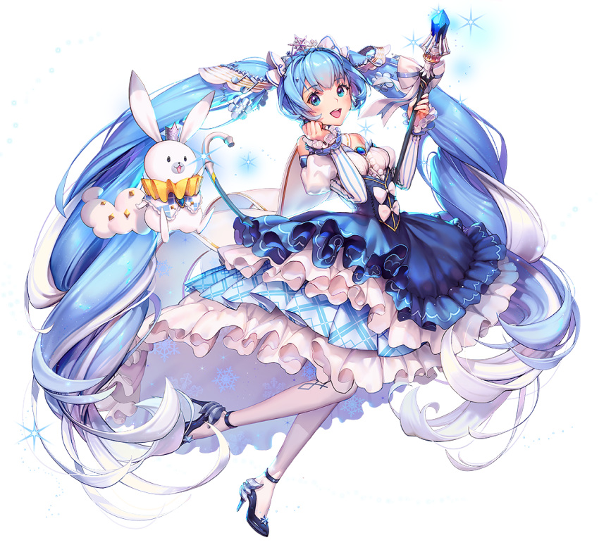 1girl blue_eyes blue_hair blush bow bunny cape crown curly_hair dress eyebrows_visible_through_hair frilled_dress frilled_sleeves frills gem hair_ornament hatsune_miku high_heels kkuem long_hair looking_at_viewer official_art open_mouth smile snowflake_print solo strapless strapless_dress transparent_background twintails very_long_hair vocaloid white_legwear yuki_miku