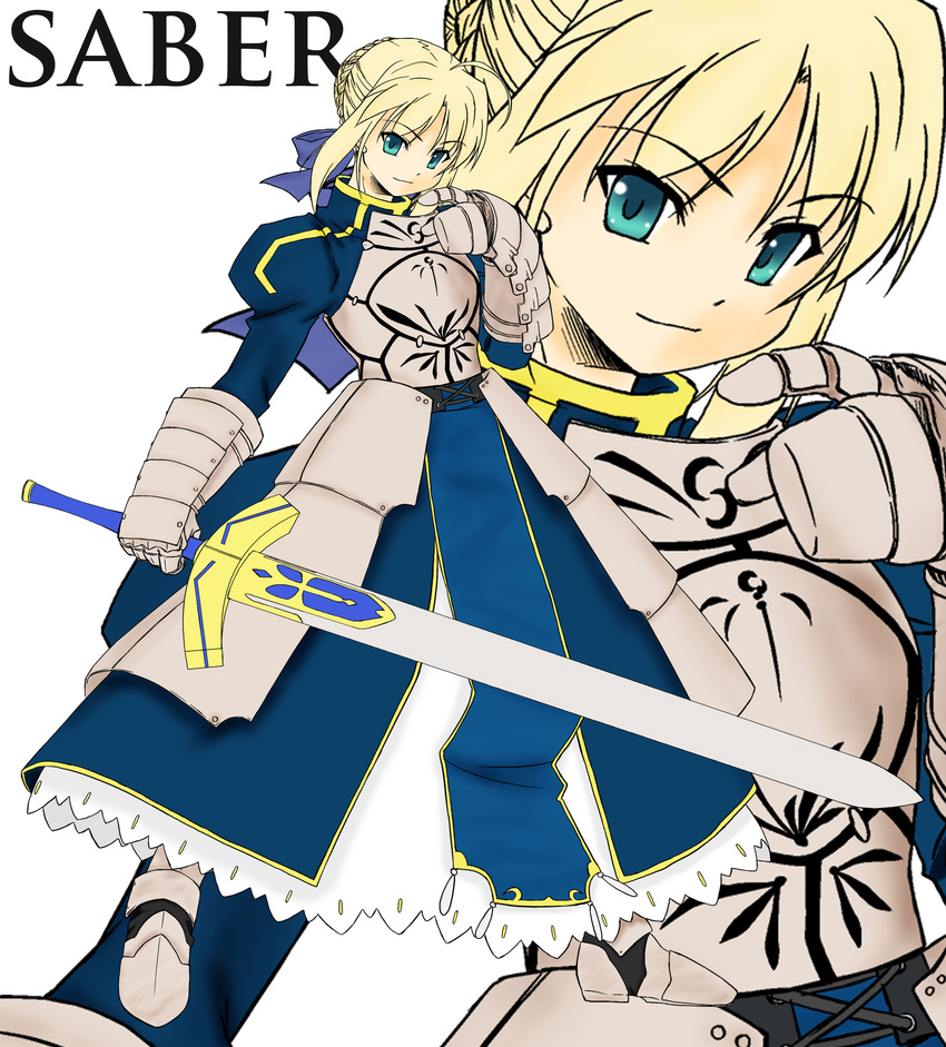 absurdres ahoge armor artoria_pendragon_(all) blonde_hair excalibur fate/stay_night fate_(series) green_eyes highres ribbon saber solo sword weapon