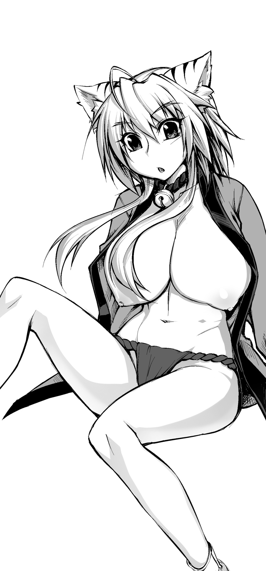 695_(mukuko) absurdres ahoge animal_ears bad_id bad_pixiv_id bell bell_collar breasts collar copyright_request fang fundoshi greyscale highres huge_breasts japanese_clothes monochrome navel open_clothes open_shirt shirt short_hair solo topless