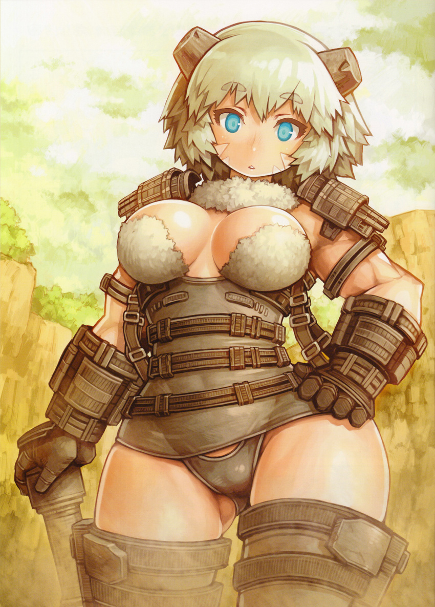 absurdres armor ass_visible_through_thighs blue_eyes breasts colossus curvy facial_mark fur giantess grey_hair highres horns large_breasts muscle panties personification scan shadow_of_the_colossus shigatake short_hair solo underwear valus wide_hips