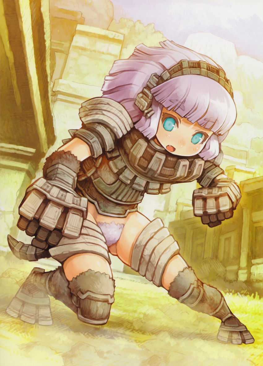 absurdres aqua_eyes armor cenobia colored_pubic_hair colossus fang giantess gloves highres kneehighs personification pubic_hair purple_hair scan shadow_of_the_colossus shigatake short_hair solo tail thighhighs
