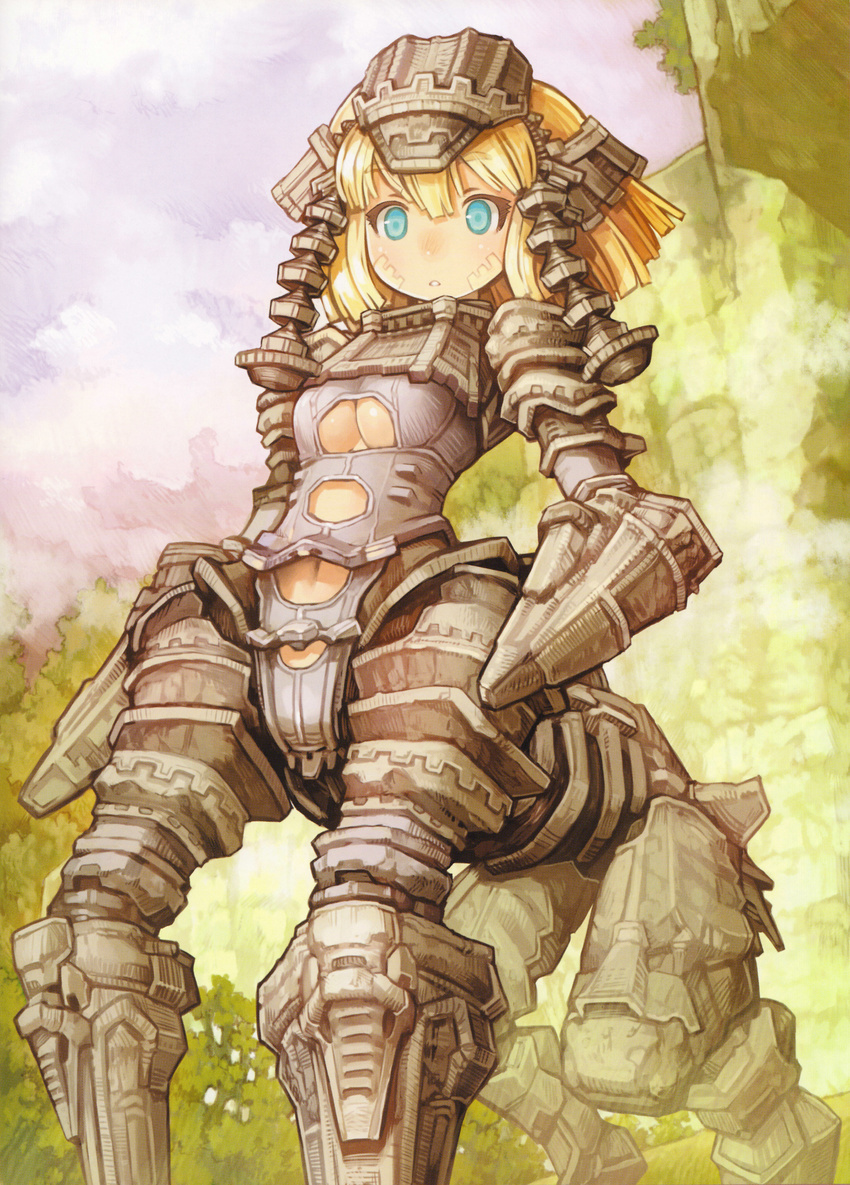 absurdres aqua_eyes blonde_hair breasts centaur cleavage colossus facial_mark giantess highres large_breasts monster_girl personification phaedra scan shadow_of_the_colossus shigatake short_hair solo underboob underboob_cutout