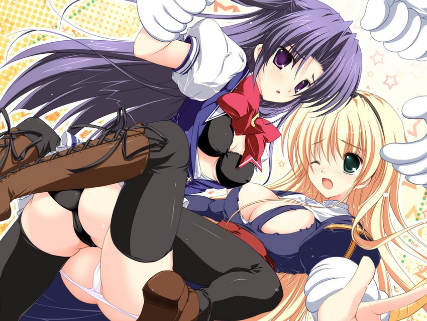 ass black_bra black_panties blonde_hair boots bra breasts cleavage cosplay green_eyes hairband lingerie long_hair lyrical_lyric medium_breasts mikeou miraroma multiple_girls one_eye_closed open_clothes open_shirt panties panty_pull priest purple_eyes purple_hair restrained seihouin_erika shirt takami_rin thighhighs torn_clothes underwear white_panties