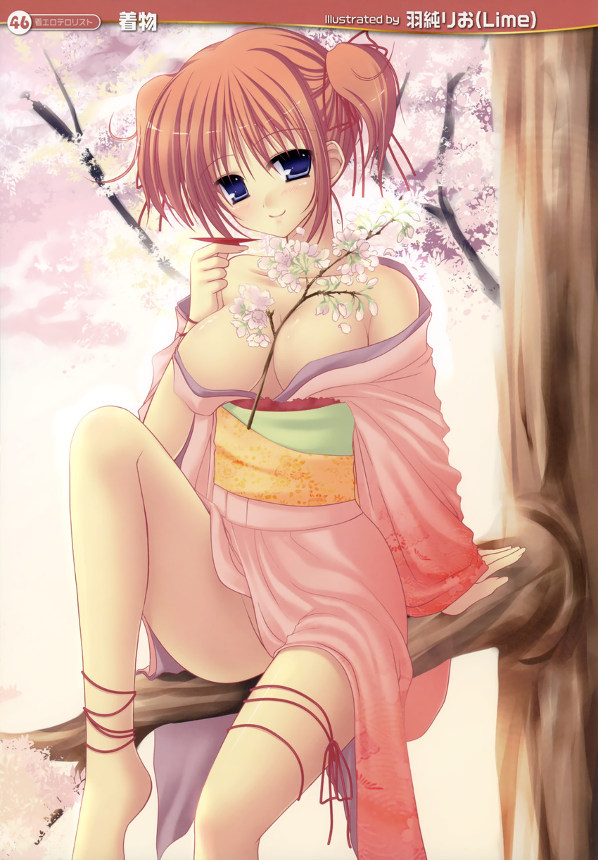 absurdres blue_eyes breasts brown_hair cleavage copyright_request flower hazumi_rio highres japanese_clothes kimono medium_breasts non-web_source ribbon solo source_request tree