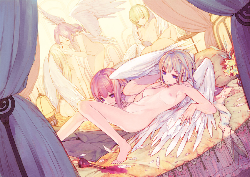 :&lt; angel angel_wings armpits ass barefoot bed blonde_hair blue_eyes breasts canopy_bed closed_eyes commentary_request cunnilingus curtains feathers feet flask flower group_sex hands kimura_daisuke kiss legs long_hair lying multiple_girls navel nipples nude oral orgy original purple_eyes short_hair small_breasts wings yuri