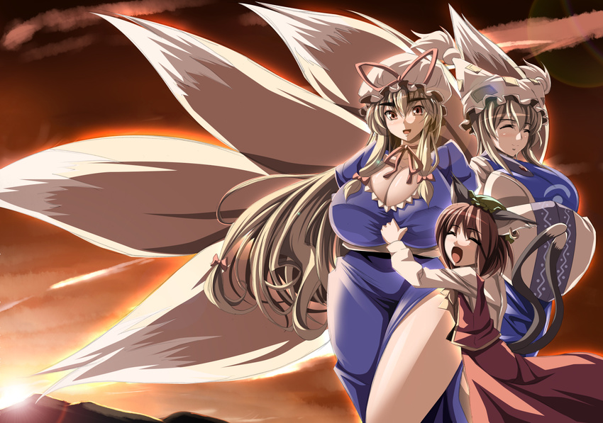 :d :o ^_^ animal_ears bangs blonde_hair blush bow breast_grab breast_hold breasts brown_hair cat_ears cat_tail chen choker cleavage closed_eyes cloud covered_nipples crossed_arms curvy dress fox_tail grabbing hands_in_opposite_sleeves hat hat_bow highres huge_breasts kloah long_hair looking_at_viewer multiple_girls multiple_tails open_mouth outdoors plump purple_dress red_eyes ribbon ribbon_choker shiny shiny_skin side_slit skirt skirt_set sky smile standing sunset tabard tail thick_thighs thighs touhou v-neck very_long_hair vest wide_hips yakumo_ran yakumo_yukari yawning
