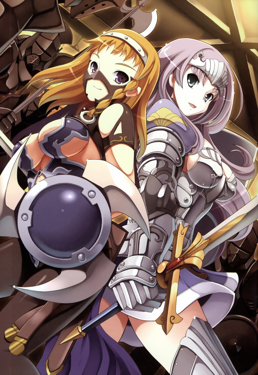 absurdres annelotte armor armored_dress breasts highres large_breasts leina long_hair mask multiple_girls pants purple_hair queen's_blade queen's_blade_rebellion shield smile sword thighhighs tiara tsurugi_hagane weapon