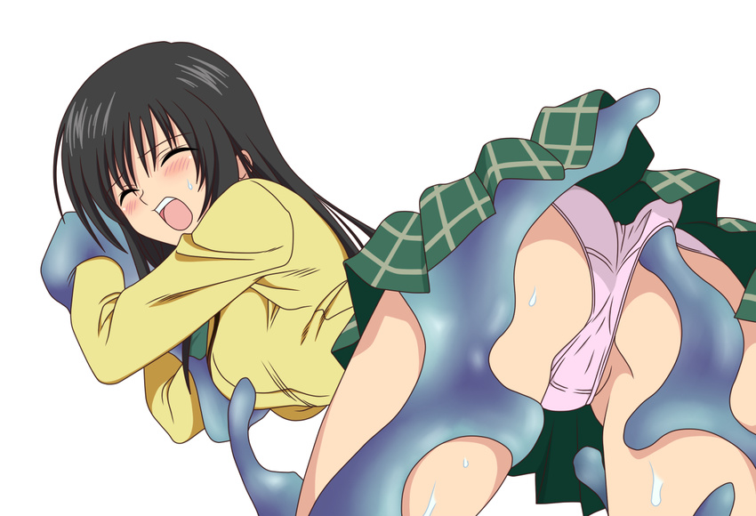 artist_request ass bdsm bent_over black_hair blush bondage bound bound_wrists closed_eyes colorized from_behind kotegawa_yui long_hair panties panty_pull school_uniform slime solo to_love-ru underwear