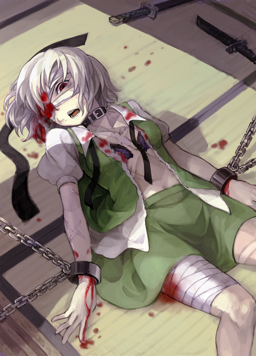 bad_id bad_pixiv_id bandage_over_one_eye bandages bdsm blood bondage bound chain chained collar cuffs defeat hairband highres injury katana konpaku_youmu lying mitsuki_(goomoku) on_floor open_mouth red_eyes scar shackles shadow short_hair silver_hair solo sword torn_clothes touhou weapon